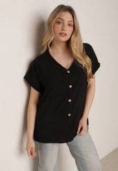 Czarna Bluzka z Bawełną o Nietoperzowym Kroju z Guzikami Mistwin. Czarne bluzki Born2be, l, bez wzorów, z bawełny, klasyczne, bez kołnierzyka, bez ramiączek. Za 49.99 zł.