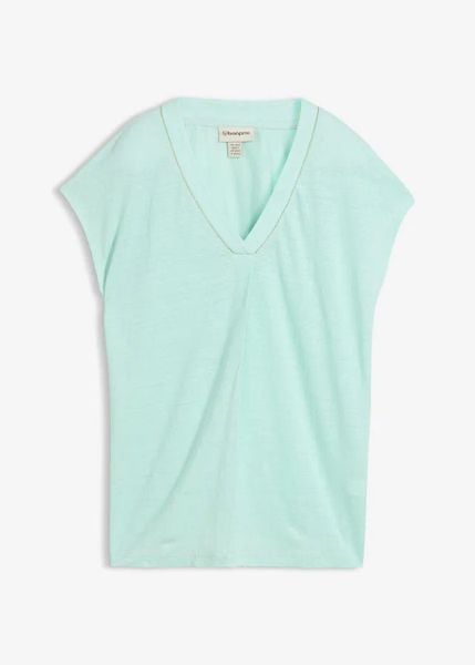 T-shirt z czystego lnu. Zielone t-shirty bonprix, bez wzorów, ze lnu, bez kołnierzyka, bez ramiączek. Za 59.99 zł.