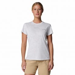 Koszulka szybkoschnąca damska Columbia Bluebird Canyon Short Sleeve Crew. Białe koszulki sportowe Columbia, bez wzorów, bez ramiączek. Za 129.99 zł.