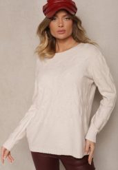 Jasnobeżowy Sweter z Wiskozą Bawełną i Tłoczonym Wzorem Zeiatha. Brązowe swetry Renee, l, bez wzorów, z bawełny, bez ramiączek. Za 79.99 zł.