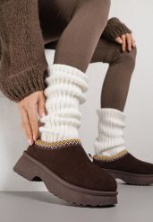 Brązowe Niskie Śniegowce na Grubej Podeszwie Zdobione Haftem Levitte. Brązowe obuwie sportowe Born2be, bez zapięcia, trekkingowe. Za 79.99 zł.