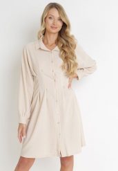 Beżowa Taliowana Sukienka Koszulowa Mini Arukini. Brązowe sukienki Born2be, bez wzorów, bez kołnierzyka, bez ramiączek, mini, koszulowe. Za 34.99 zł.