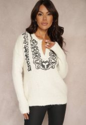 Jasnobeżowy Sweter z Dodatkiem Wełny i Ozdobnym Haftem Melorinnea. Brązowe swetry Renee, na jesień, m, bez wzorów, z jeansu, bez ramiączek. W wyprzedaży za 55.99 zł.