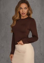 Brązowa Dopasowana Bluzka Typu Longsleeve z Bawełną Moanti. Brązowe bluzki Renee, l, bez wzorów, z bawełny, wizytowe, bez kołnierzyka, bez ramiączek. Za 79.99 zł.