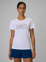 4F T-shirt regular z nadrukiem damski - biały XS. Białe t-shirty 4f, xs, bez wzorów, z bawełny, bez kołnierzyka, bez ramiączek. Za 59.99 zł.