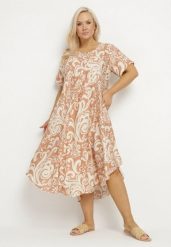 Beżowa Rozkloszowana Sukienka z Wiskozy z Geometrycznym Wzorem Emisova. Brązowe sukienki Born2be, na co dzień, xl, bez wzorów, z wiskozy, eleganckie, bez kołnierzyka, bez ramiączek, midi, rozkloszowane. Za 74.99 zł.