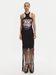 Versace Jeans Couture Sukienka codzienna Logo Fringes 78HAOE01 CJ02E Czarny Regular Fit. Czarne sukienki Versace Jeans Couture, na co dzień, m, bez wzorów, z bawełny, bez kołnierzyka, bez ramiączek, proste. Za 729.99 zł.