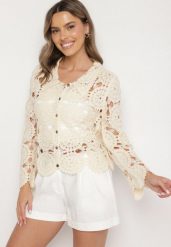 Beżowa Ażurowa Koszula z Bawełny w Stylu Boho Banaviela. Brązowe koszule Born2be, uniwersalny, w ażurowe wzory, z bawełny, boho, bez kołnierzyka, bez ramiączek. Za 109.99 zł.