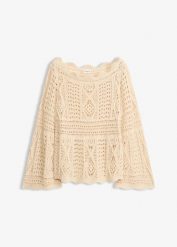 Bluzka dzianinowa z koronki. Brązowe bluzki bonprix, bez wzorów, z dzianiny, eleganckie, bez kołnierzyka, bez ramiączek. Za 139.99 zł.