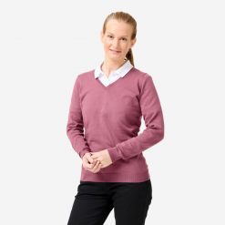 Sweter do golfa damski Inesis MW100 dekolt w serek. Fioletowe golfy INESIS, l, bez wzorów, z bawełny, bez ramiączek. Za 69.99 zł.