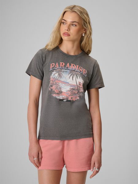 4F T-shirt regular z nadrukiem damski - szary S. Szare t-shirty 4f, s, bez wzorów, z bawełny, bez kołnierzyka, bez ramiączek. Za 69.99 zł.