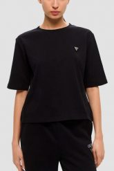 GUESS Czarny bawełniany t-shirt damski Colette Boxy, Rozmiar L. Czarne t-shirty Guess, l, z aplikacjami, z bawełny, bez kołnierzyka, bez ramiączek. Za 189.99 zł.