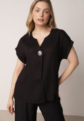 Czarna Nietoperzowa Bluzka z Krótkim Rękawem z Lnem i Wiskozą Isirtila. Czarne bluzki Born2be, l, bez wzorów, z bawełny, biznesowe, bez kołnierzyka, bez ramiączek. Za 69.99 zł.