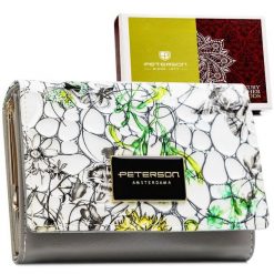 Zielony portfel damski ze skóry naturalnej z systemem RFID ozdobiony kwiatowym wzorem PTN PH30-LFL Peterson. Zielone portfele Peterson, bez wzorów, ze skóry. Za 89.99 zł.
