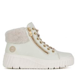 Trzewiki Rieker. Białe botki Rieker, bez wzorów, bez obcasa, na koturnie, bez zapięcia. Za 272.99 zł.