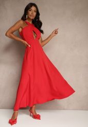 Czerwona Koktajlowa Sukienka z Wiskozą i Dekoltem Halter Dolmanna. Czerwone sukienki Renee, l, bez wzorów, z wiskozy, eleganckie, bez kołnierzyka, bez ramiączek, maxi. Za 69.99 zł.