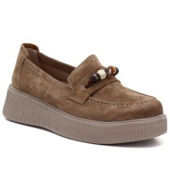 Skórzane półbuty damskie mokasyny na platformie z koralikami camel Vinceza 79649. Brązowe mokasyny VINCEZA, z aplikacjami, ze skóry, bez obcasa. Za 249.99 zł.