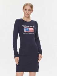 Tommy Jeans Sukienka codzienna DW0DW15889 Granatowy Slim Fit. Niebieskie sukienki Tommy Jeans, na co dzień, s, bez wzorów, z jeansu, bez kołnierzyka, bez ramiączek, proste. Za 219.99 zł.