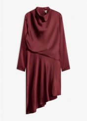 Sukienka midi z satyny. Czerwone sukienki bonprix, bez wzorów, z satyny, eleganckie, bez kołnierzyka, bez ramiączek, midi. Za 219.99 zł.