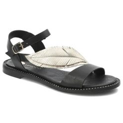 Czarno Złote Sandały Armodo Stylowe Obuwie Damskie Z Liściem. Czarne sandały Armodo, bez wzorów, eleganckie, bez obcasa, bez zapięcia. Za 305.99 zł.