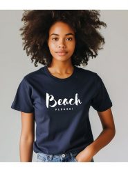 WOOOP Koszulka "Beach please" w kolorze granatowym rozmiar: M. Niebieskie bluzki Wooop, m, bez wzorów, z bawełny, bez kołnierzyka, bez ramiączek. Za 56.99 zł.