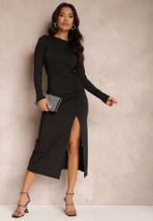 Czarna Sukienka Gyleanor. Czarne sukienki Renee, l, bez wzorów, z dzianiny, bez kołnierzyka, bez ramiączek, midi, dopasowane. Za 119.99 zł.