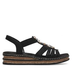 Sandały Rieker. Czarne sandały Rieker, bez wzorów, bez obcasa, na koturnie, bez zapięcia. Za 259.99 zł.