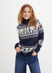Sweter w norweskim stylu z marynarskimi motywami. Niebieskie swetry bonprix, bez wzorów, bez ramiączek. Za 109.99 zł.