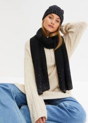 Szal + czapka (2 części). Czarne czapki bonprix, na zimę, bez wzorów. Za 129.99 zł.