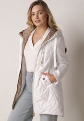 Biała Pikowana Kurtka Przejściowa Parka z Kapturem o Długim Kroju z Ozdobą Isaline. Białe kurtki Born2be, l, z dresówki, klasyczne, z kapturem. Za 149.99 zł.