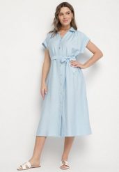 Niebieska Wiskozowa Sukienka Koszulowa z Paskiem Rinaruna. Niebieskie sukienki Born2be, na co dzień, l, bez wzorów, z wiskozy, eleganckie, bez kołnierzyka, bez ramiączek, midi, koszulowe. Za 89.99 zł.