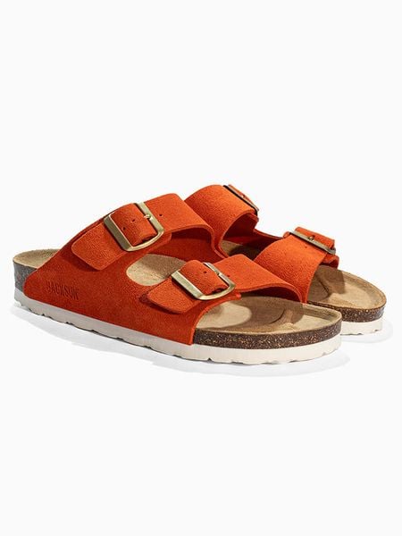 BACKSUN Skórzane klapki "Bali" w kolorze pomarańczowym rozmiar: 38. Pomarańczowe klapki Backsun, bez wzorów, ze skóry, z otwartym noskiem, bez obcasa. Za 159.95 zł.