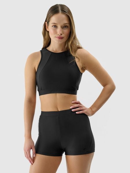 4F Góra od bikini damska - czarna S. Czarne szorty 4f, bez wzorów, z elastanu, wakacyjne. W wyprzedaży za 79.99 zł.