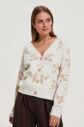 Kardigan w kwiaty beżowy. Brązowe kardigany MOODO, xs, bez wzorów, z poliamidu. Za 149.99 zł.
