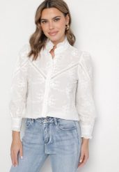 Biała Bawełniana Koszula w Rustykalnym Stylu z Kwiatowym Haftem i Stójką Lanolira. Białe koszule Born2be, l, bez wzorów, z bawełny, eleganckie, bez kołnierzyka, bez ramiączek. Za 139.99 zł.