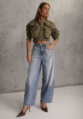 Niebieskie Szerokie Jeansy High Waist z Łańcuchem Kassania. Niebieskie jeansy Renee, l, z aplikacjami, z podwyższonym stanem. Za 119.99 zł.