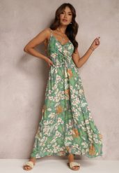 Zielona Sukienka Nourane. Zielone sukienki Renee, na co dzień, na lato, l, bez wzorów, z tkaniny, boho, bez kołnierzyka, bez ramiączek, maxi, kopertowe. Za 69.99 zł.