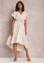 Jasnobeżowa Sukienka Nautirissa. Brązowe sukienki Renee, bez wzorów, z materiału, bez kołnierzyka, bez ramiączek, midi, kopertowe. Za 49.99 zł.