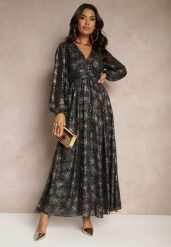 Czarna Rozkloszowana Sukienka z Ozdobnym Metalicznym Wzorem i Gumką w Talii Bonina. Czarne sukienki Renee, na co dzień, l, bez wzorów, eleganckie, bez kołnierzyka, bez ramiączek, maxi, rozkloszowane. Za 159.99 zł.