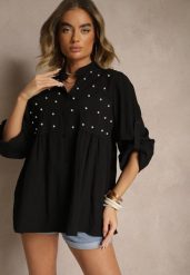 Czarna Koszula z Wiskozą i Perełkami Tanathiel. Czarne koszule Renee, z aplikacjami, z jeansu, eleganckie, bez kołnierzyka, bez ramiączek. Za 59.99 zł.