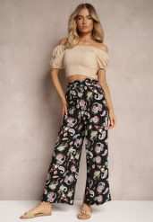 Czarno-Różowe Bawełniane Spodnie Boho w Stylu Palazzo z Gumką w Pasie i Wysokim Stanem Pravia. Czarne spodnie materiałowe Renee, na co dzień, l, bez wzorów, z bawełny, z podwyższonym stanem. Za 44.99 zł.