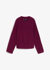 Krótszy sweter w prążek. Fioletowe swetry bonprix, bez wzorów, bez ramiączek. Za 129.99 zł.