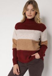 Bordowy Golf Oversize w Szerokie Pasy z Domieszką Kaszmiru Nellemia. Czerwone golfy Born2be, uniwersalny, bez wzorów, z dzianiny, bez ramiączek. Za 129.99 zł.