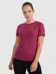 4F Koszulka trekkingowa z wełną merino damska - różowa S. Czerwone bluzki 4f, s, bez wzorów, z wełny, bez kołnierzyka, bez ramiączek. W wyprzedaży za 169.99 zł.