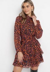 Pomarańczowa Rozkloszowana Sukienka Mini w Modny Print Ozdobiona Brokatem Ifigentta. Brązowe sukienki Born2be, na imprezę, l, bez wzorów, bez kołnierzyka, bez ramiączek, mini, rozkloszowane. Za 169.99 zł.