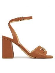 Guess Sandały FLJGRT LEA03 Brązowy. Brązowe sandały Guess, z aplikacjami, ze skóry, bez obcasa, na słupku, bez zapięcia. Za 569.99 zł.