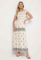 Jasnobeżowa Sukienka z Wiskozy ze Wzorem Boho Ellirose. Brązowe sukienki Born2be, na co dzień, na wiosnę, l, z aplikacjami, z wiskozy, boho, bez kołnierzyka, bez ramiączek, maxi. Za 64.99 zł.