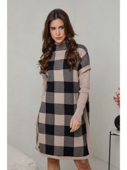 Soft Cashmere Sukienka dzianinowa w kolorze czarno-beżowym rozmiar: 38/40. Brązowe sukienki Soft Cashmere, na co dzień, bez wzorów, z dzianiny, klasyczne, bez kołnierzyka, bez ramiączek, midi, proste. Za 230.45 zł.