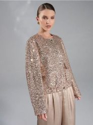 Żakiet z połyskującymi cekinami - złoty. Żółte marynarki i żakiety Sinsay, l, bez wzorów. Za 69.99 zł.