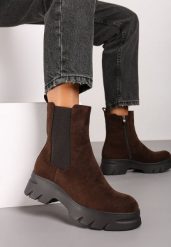 Brązowe Botki Sztyblety na Platformie z Elastyczną Cholewką Mavita. Brązowe botki Renee, bez wzorów, z jeansu, bez obcasa, na platformie, bez zapięcia. Za 139.99 zł.